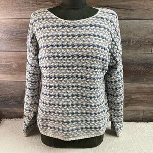 Vintage B.Moss Cable Knit Long Sleeve Cotton Sweater Size Medium Blue Tan